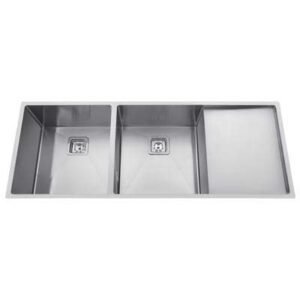 HAPPY HOMES 304 Grade Double Bowl Handmade Kitchen Sink (45″ × 20″) with Double Bowl & Drainboard