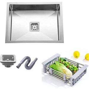 HAPPY HOMES Modular Kitchen Sink (21X18X10 Inch), Matte Satin Finish Stainless Steel with Square Coupling and Metal Fruit Basket
