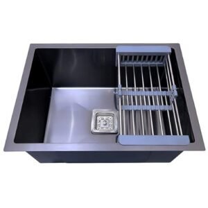 HAPPY HOMES Modular Kitchen Sink (24X18X10 Inch), BLACK Matte Satin Finish Stainless Steel with Nanocoated Undercoating, Square Coupling and Metal Fruit Basket