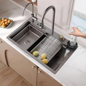 HAPPY HOMES SS 304 Grade 37x18x10 Single Bowl Sink with ANTI SCRATCH HONEYCOMB DESIGN Integrated Waterfall and Pull Down Faucet with Water Purifier Tap, Fruit Basket with Complete Accessories (Black)