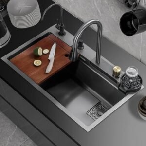 HAPPY HOMES-30x18x9 inch Kitchen Sink with AntiScratch Honeycomb Integrated Waterfall and Pull Down Faucet with Metal Tray & RO Tap, Fruit Basket and Complete Accessories (PRO)