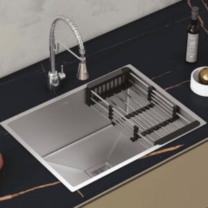 HAPPY HOMES Modular Kitchen Sink (24X18X10 Inch), Matte Satin Finish 304 Grade Stainless Steel with Nanocoated Undercoating |Square Coupling and Metal Fruit Basket | 7 Years Warranty|