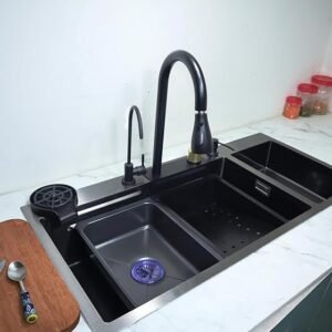 HAPPY HOMES 304 Grade 37×18×10 Inch Double Bowl Sink with Anti-Scratch Honeycomb Design, Integrated Waterfall & Pull-Down Faucet, Water Purifier Tap, Fruit Basket & Complete Accessories – Black