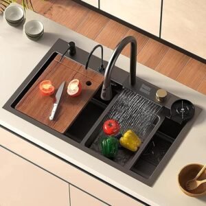 HAPPY HOMES Kitchen Sink with ANTI SCRATCH HONEYCOMB DESIGN Integrated Waterfall and Pull-down Faucet Set/304 Grade Stainless Steel Sink (30x18x9 inch, Nano Coating), [HEAVY]