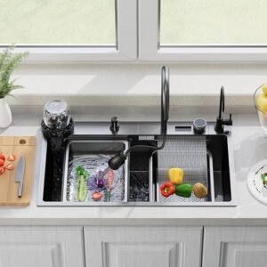 HAPPY HOMES LED Display Button Waterfall Kitchen Sink (30x18x9 inch) |Pull Down Faucet set with Metal Tray & RO Tap- Fruit Basket and Complete Accessories| Black Matte Finish