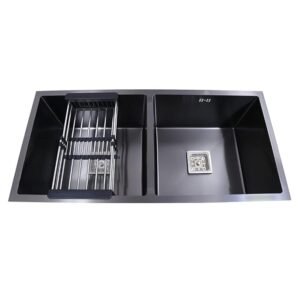 HAPPY HOMES 304 Grade Double Bowl Handmade Kitchen Sink 37" x 18" BLACK Finish Stainless Steel