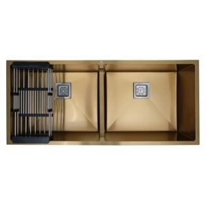 HAPPY HOMES 304 Grade Double Bowl Handmade Kitchen Sink (45"x20" GOLD)