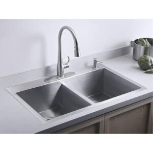 HAPPY HOMES Stainless Steel 304 Grade Double Bowl Kitchen Sink (37"X18" Tap Hole), Chrome, Silver