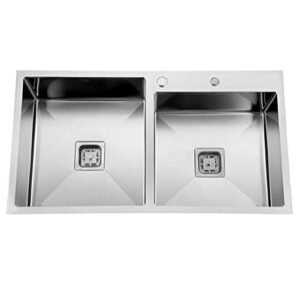 HAPPY HOMES Stainless Steel Satin Finish 304 Grade Double Bowl Kitchen Sink (32"X18" Tap Hole), Silver