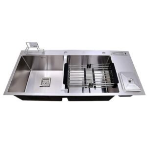 HAPPY HOMES Stainless Steel 304 Grade Double Bowl Kitchen Sink (45"X20" Dustbin), Chrome, Silver