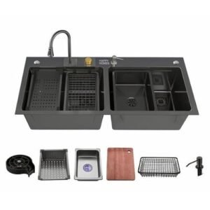 HAPPY HOMES Kitchen Sink with ANTI SCRATCH HONEYCOMB DESIGN Integrated Waterfall and Pull-down Faucet Set/304 Grade Stainless Steel Sink with Cup washer and Drain Baskets (47x18x10 inch, Nano Coating)