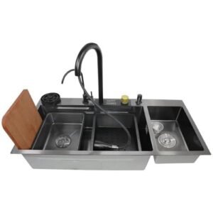 HAPPY HOMES SS 304 Kitchen Sink (37x18x10 inch, Nano Coating) with ANTI SCRATCH HONEYCOMB DESIGN Integrated Waterfall and Pull-down Faucet Set with Cup washer and Drain Baskets