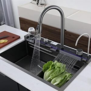 HAPPY HOMES 304 Grade Fully Equipped Kitchen Sink 30" x 18" with Integrated Waterfall, Pull-Down Faucet, LED Panel & Digital Display