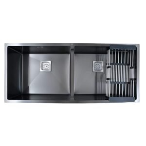 HAPPY HOMES 304 Grade Double Bowl Handmade Kitchen Sink (45"x20" BLACK)