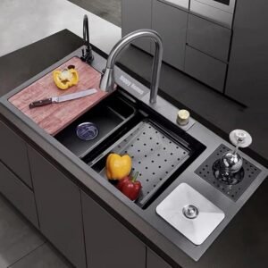 HAPPY HOMES 304 Grade 37" x 18" x 10" Kitchen Sink with Anti-Scratch Honeycomb Design, Integrated Waterfall & Pull-Down Faucet with Water Purifier Tap – Black