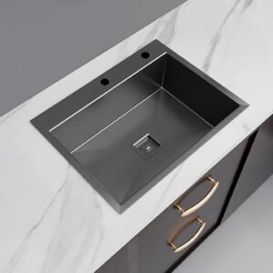 HAPPY HOMES 304 Stainless Steel Kitchen Sink 24 x 18 x10 BLACK TAP HOLE Matt Finish Single Bowl with Nanocoated Undercoating, Sound Dampening | Square Coupling & Metal Fruit Basket | 7 Years Warranty