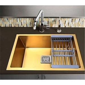 HAPPY HOMES 304 Stainless Steel Kitchen Sink 24 x 18 x10 Inch GOLD Matt Finish Single Bowl with Nanocoated Undercoating, Sound Dampening | Square Coupling & Metal Fruit Basket | 7 Years Warranty