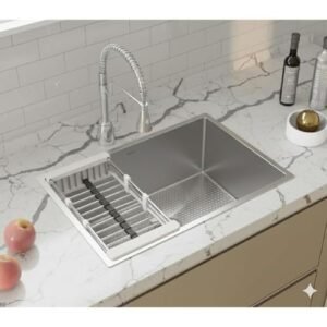 HAPPY HOMES 304 Stainless Steel Kitchen Sink (24X18X10 Inch) Heavy Duty with HONEYCOMB ANTISCRATCH Design Matte Finish with Nanocoated Undercoating |Square Coupling and Metal Fruit Basket