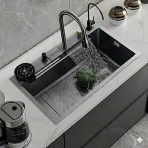 HAPPY HOMES 304 Stainless Steel Kitchen Sink 24X18X10 Waterfall Satin Kitchen Sink With Integrated Waterfall And Pull Down Faucet| Fruit Basket With Complete Accessories (HEAVY)