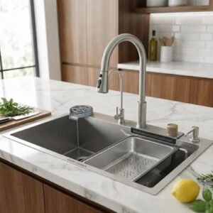 HAPPY HOMES 304 Stainless Steel Kitchen Sink with Integrated Waterfall and Pull-down Faucet Set (30x18x9 inch, Nano Coating_HEAVY
