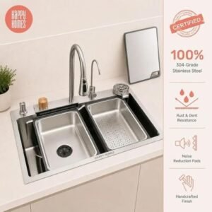 HAPPY HOMES 304 Stainless Steel Kitchen Sink with Integrated Waterfall and Pull-down Faucet Set (30x18x9 inch- Nano Coating), [PRO]