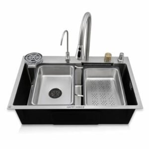HAPPY HOMES 304 Stainless Steel Kitchen Sink 24X18X10 Waterfall Satin Kitchen Sink With Integrated Waterfall And Pull Down Faucet| Fruit Basket With Complete Accessories -PRO